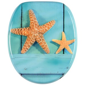 Sanilo WC-Sitz Starfish mit Absenkautomatik, Holz, blau mit Seesternen.