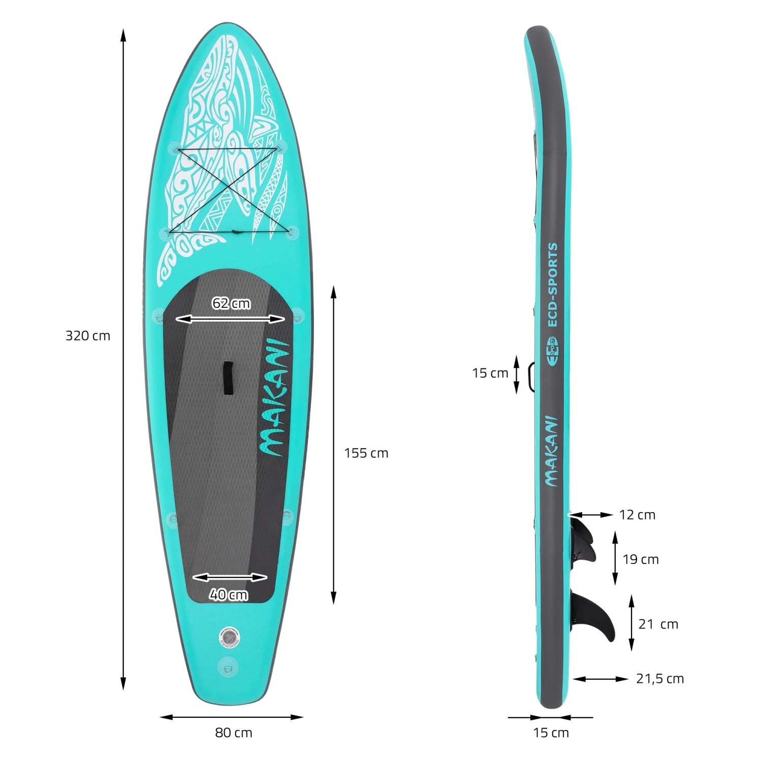 Türkisfarbenes ECD Germany Stand Up Paddle Board Makani mit Maßangaben.