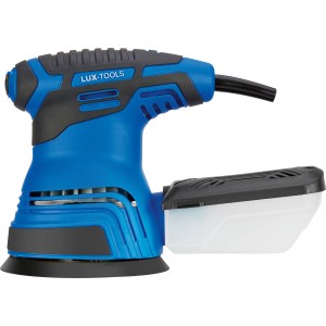 Blauer LUX Exzenterschleifer E-EXS-350 mit Staubfangbox für effizientes Schleifen.