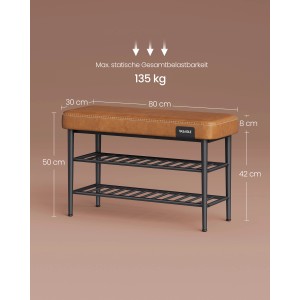 Braune Vasagle Schuhbank (80x30x50cm) mit zwei Ablagen für Schuhe.