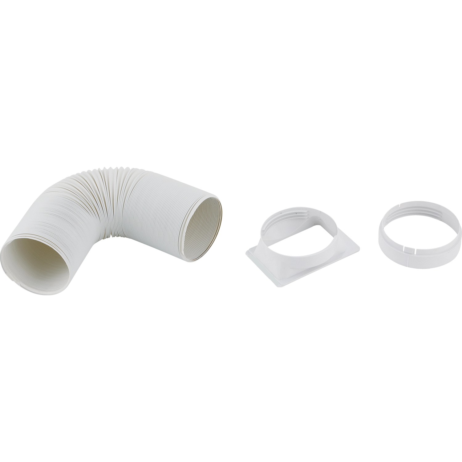 Zubehör für mobiles Klimagerät: Abluftschlauch, Fensteradapter und Ring in Weiß.
