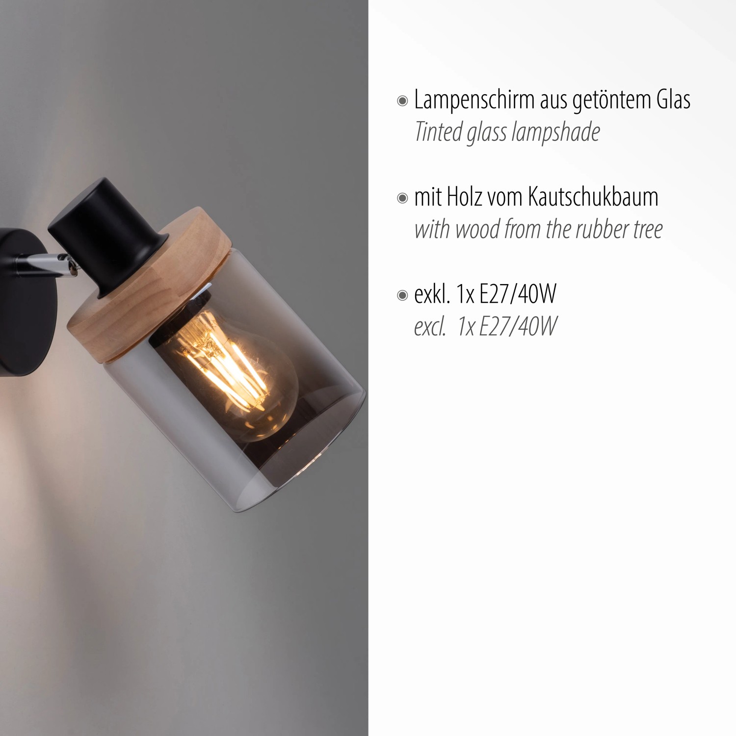 Schwarze Wandleuchte Pasqual mit Rauchglas und Holzdetails, 1-flammig.