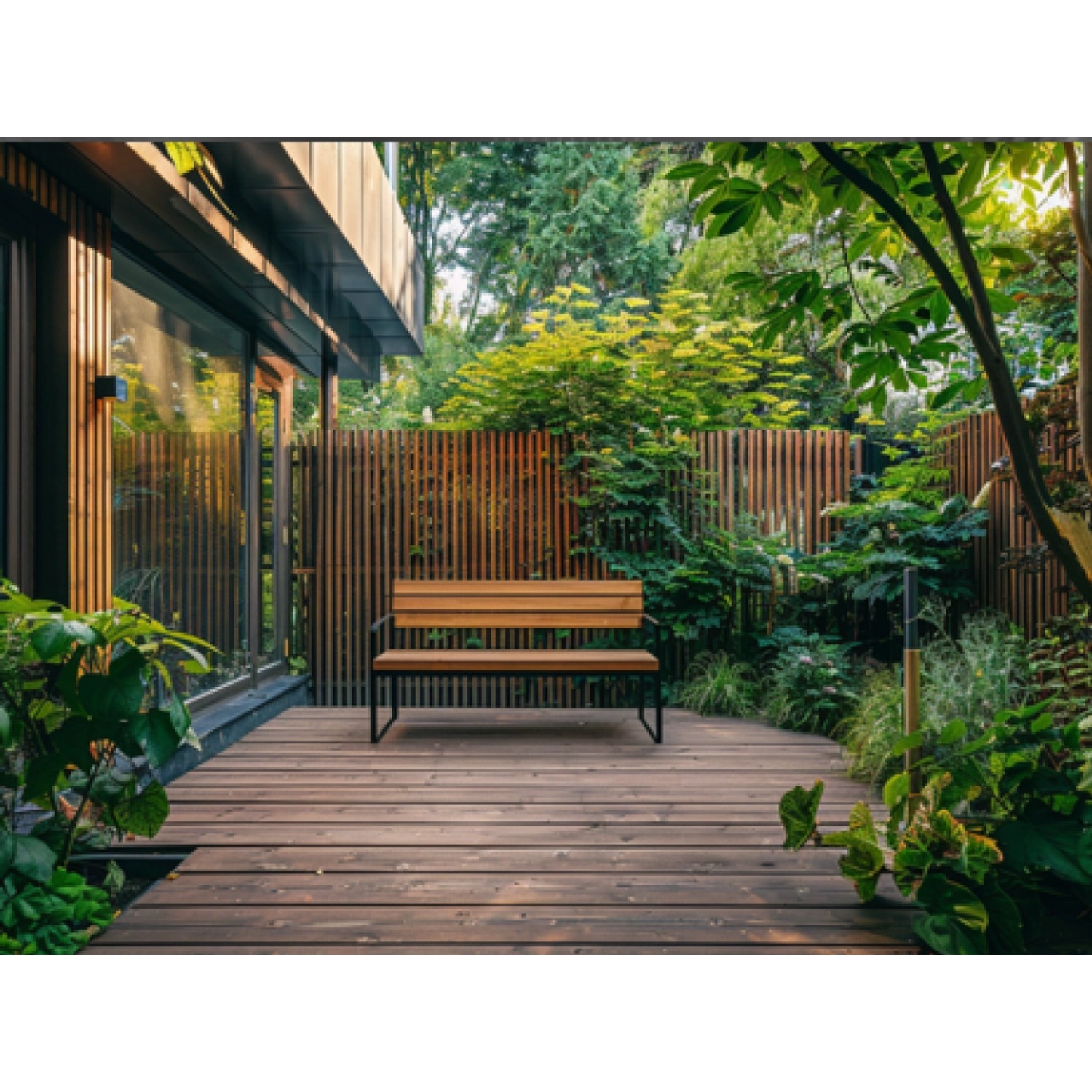 Lackierter Sichtschutzzaun Quadra Natur 180x180cm im Garten mit Bank und Terrasse.