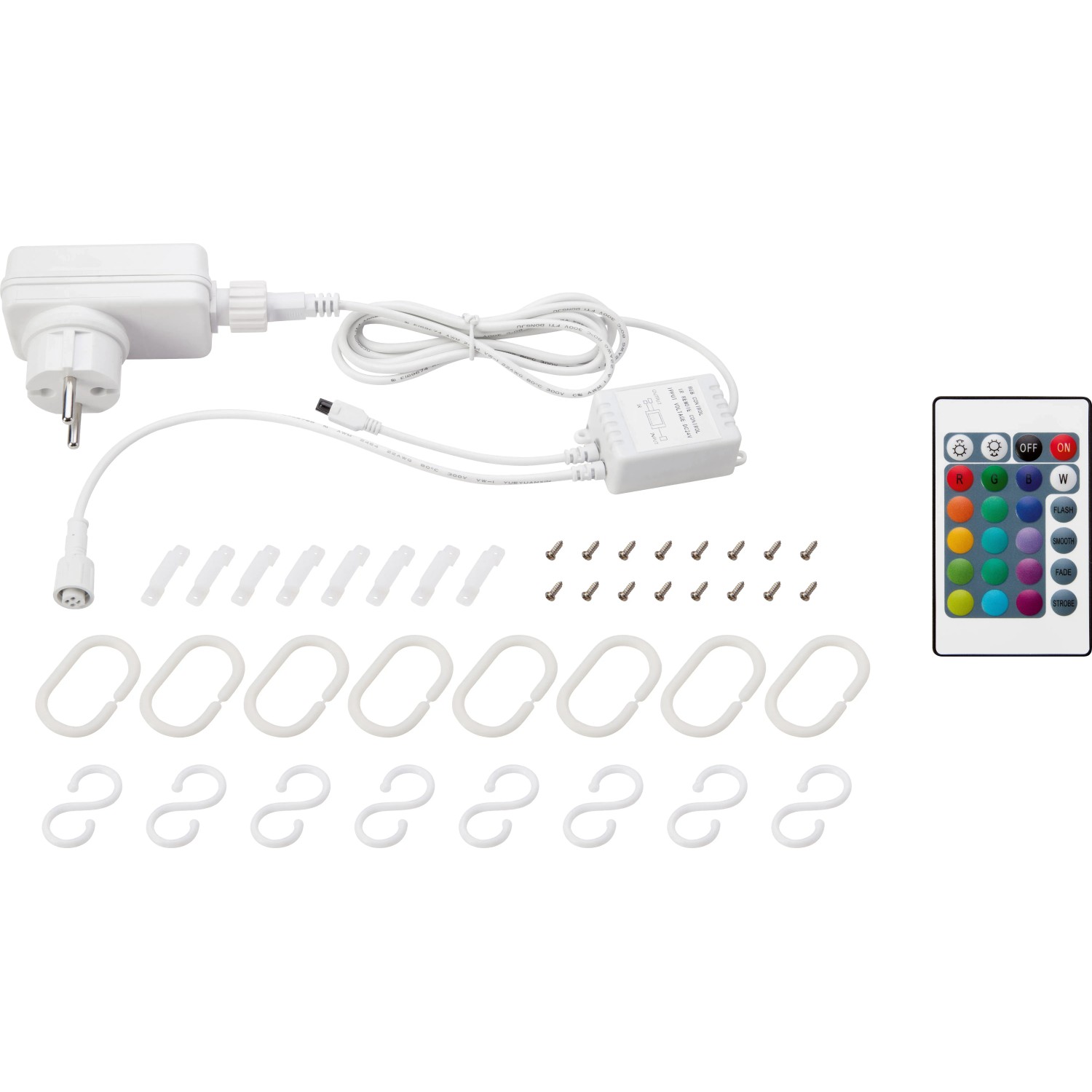 LED Stripe Outdoor RGB 5m Zubehör: Netzteil, Fernbedienung, Befestigungsmaterial für Außen-Dekoleuchten.