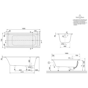 Technische Zeichnung: Villeroy & Boch Architectura Solo Badewanne, 170x70 cm, Maße und Details.