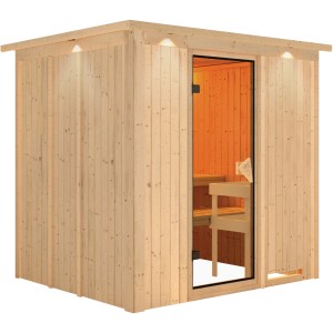 Karibu Massivholzsauna mit LED-Dachkranz und Glastür, naturbelassen.
