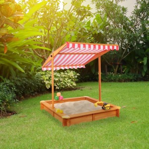 Relaxdays Sandkasten Tannenholz Natur mit Dach Höhenverstellbar 117 cm x 117 cm x 117 cm