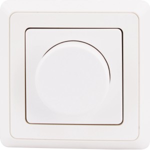 Weißer LED-Dimmer PrimaLuxe mit Rahmen zur Helligkeitsregulierung von Lampen.