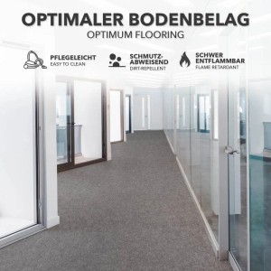 Kieselgrauer Eventteppich Turbo im Büro: Zuschneidbarer Teppichboden für Messen und Events.