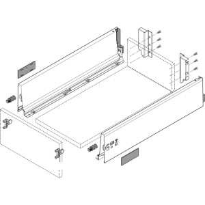 Blum Tandembox antaro K Vollauszug Blumotion, seidenweiß. Detaillierte Ansicht der Schubladensystem-Komponenten.