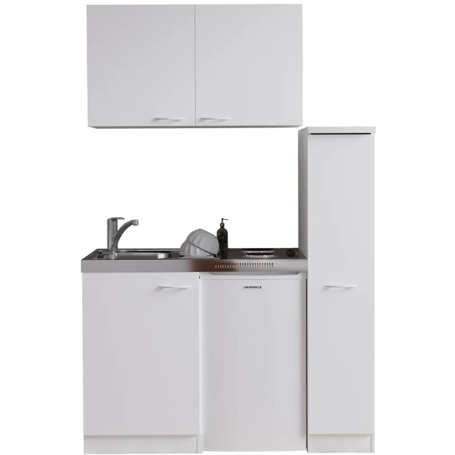 Respekta Miniküche MK130WOS, 130 cm, Weiß: Kompakte Küchenzeile mit Spüle, Kochfeld, Kühlschrank und Schränken.