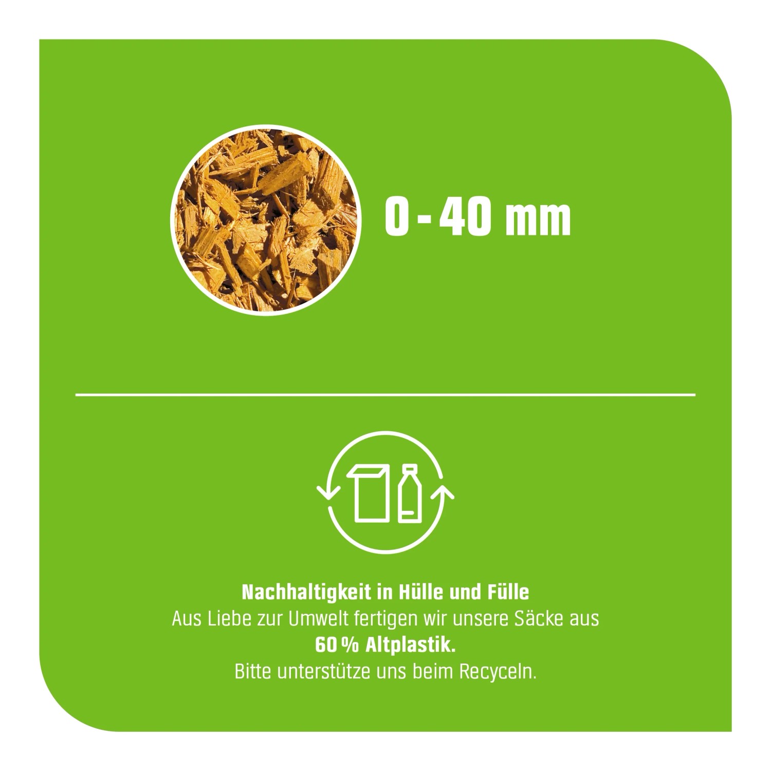 Detailaufnahme GROW by OBI Dekormulch Ahorn: Hackschnitzelstruktur und Hinweis auf Recyclingverpackung.
