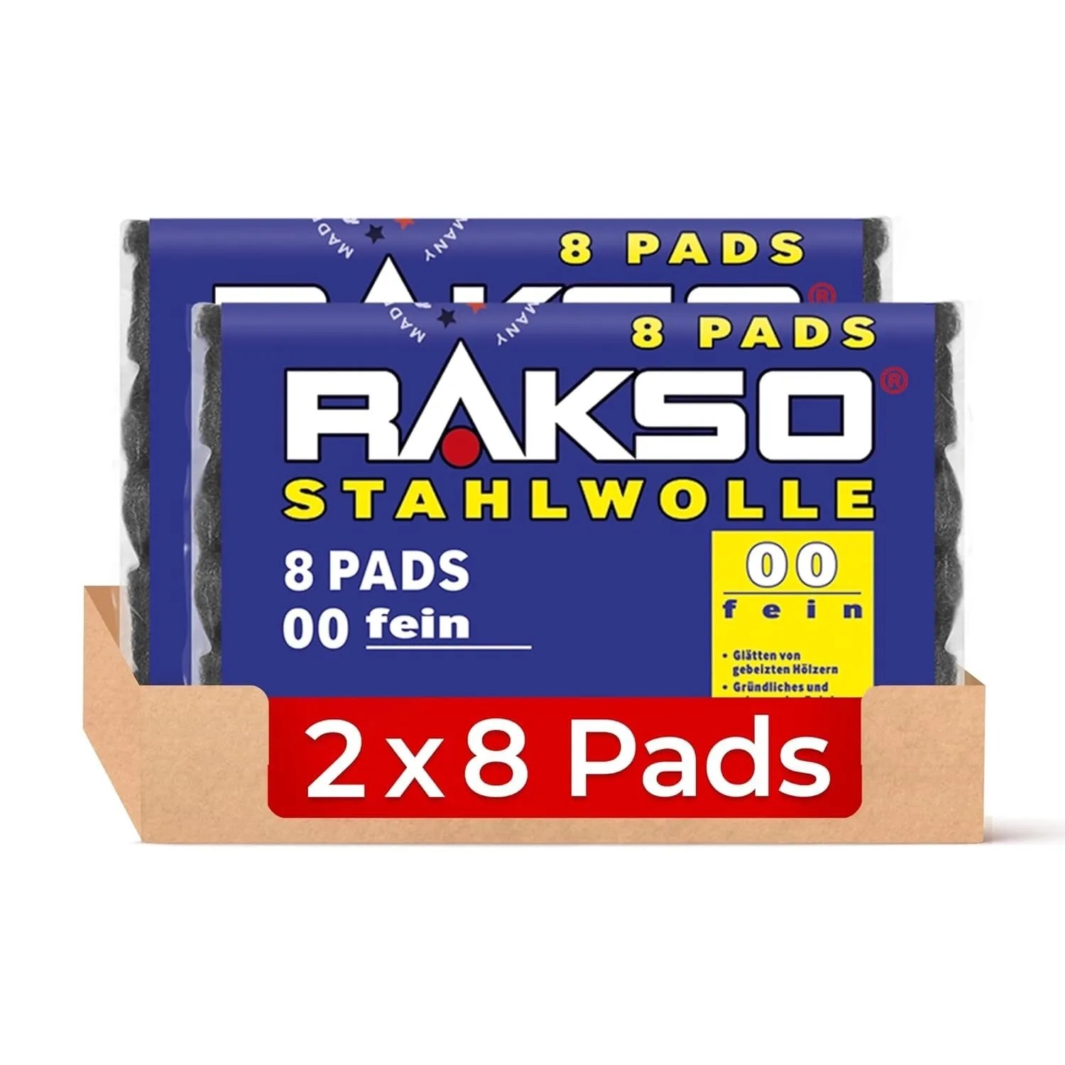 RAKSO Stahlwolle Pads Sorte 00 Fein 2 x 8 Stück