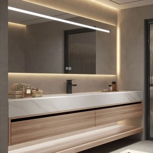 Modernes Badmöbel Set: Weißes Sinterstein Waschbecken, Holzmaserung Unterschrank 100 cm, LED-Spiegel. Wandhängend, mit Stauraum.