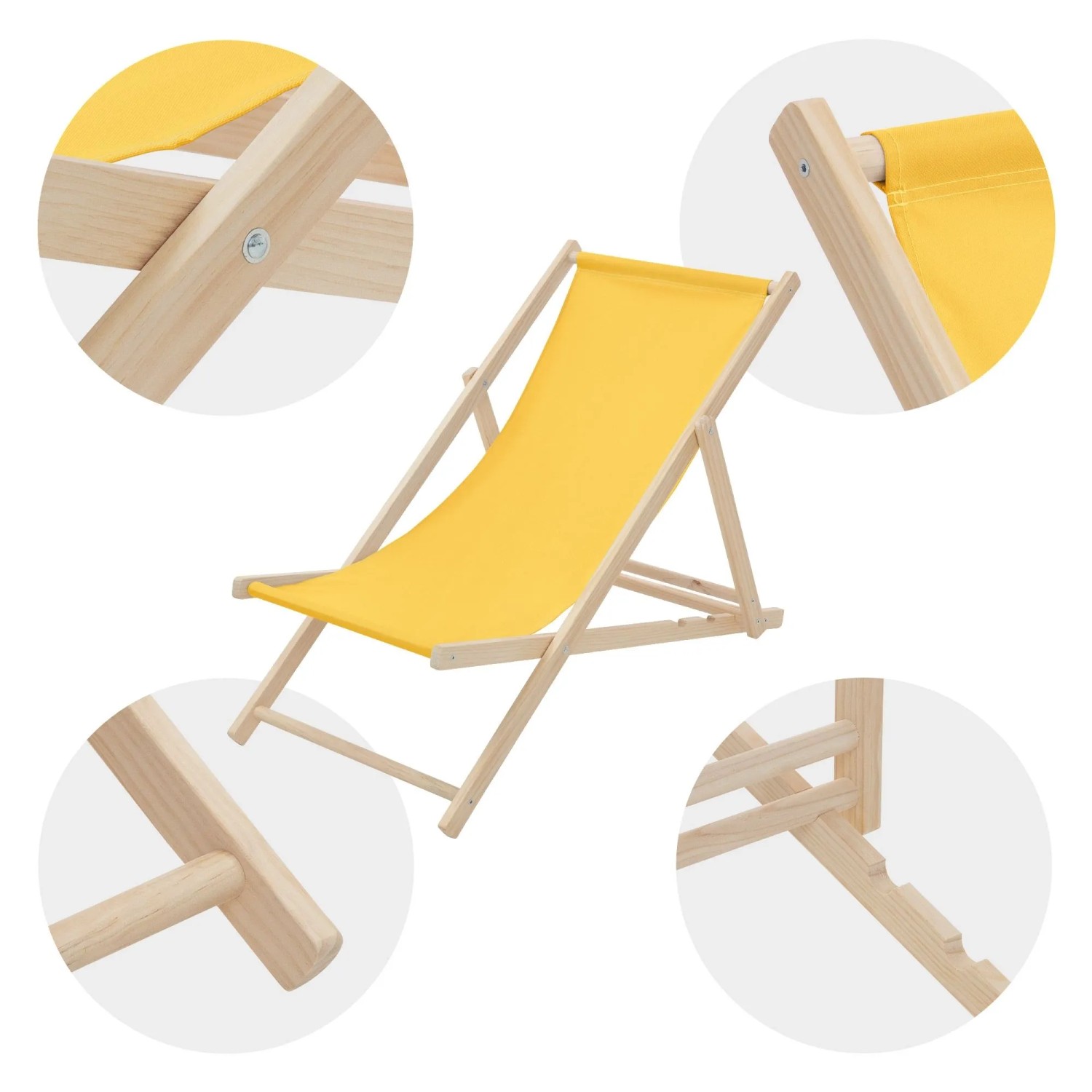 Gelber, klappbarer Liegestuhl (2er Set) aus Holz, verstellbar für Garten, Balkon oder Strand.