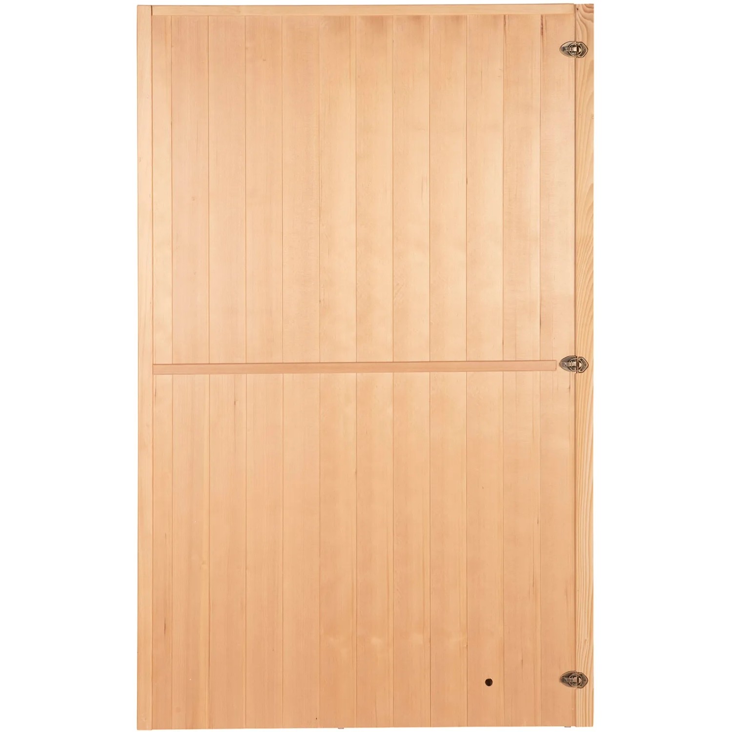 SKYLINE Sauna Tannenholz Natur L, Detail der Holzwand mit Scharnieren.