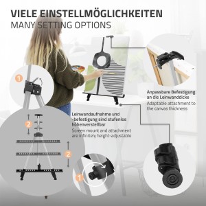 ECD Germany Atelierstaffelei aus Aluminium, silber, höhenverstellbar mit Leinwand und Malerin.