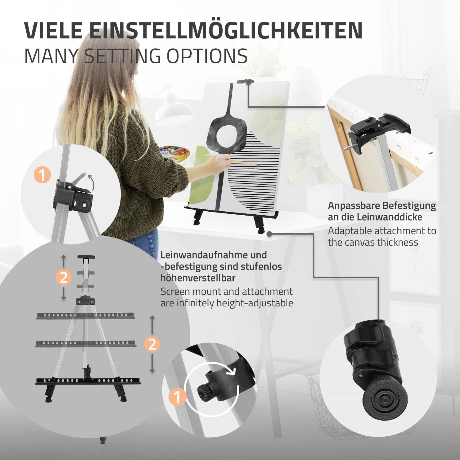 ECD Germany Atelierstaffelei aus Aluminium, silber, höhenverstellbar mit Leinwand und Malerin.