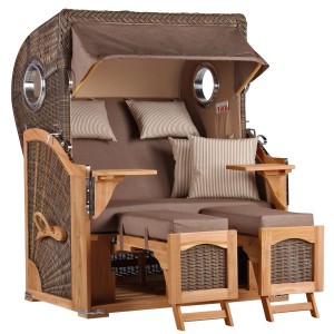 GarWoh Strandkorb Rantum Teak, graues PE-Geflecht, Dessin 534, mit Bullauge und Markise.