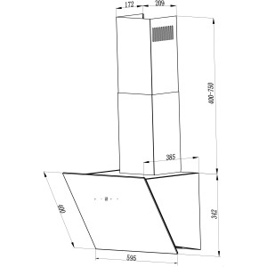Technische Zeichnung: Respekta Dunstabzugshaube CH24060SAM, 60 cm, Schwarz, mit Maßen.