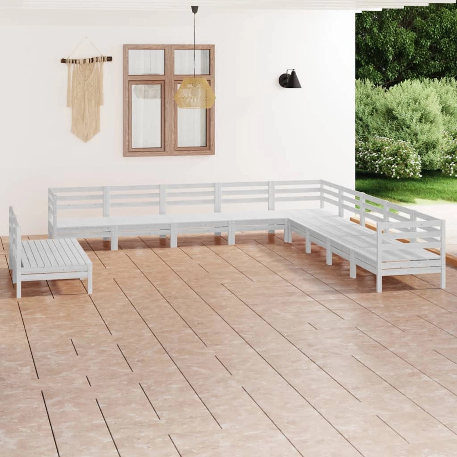 vidaXL Garten-Lounge-Set, 11-teilig, Kiefer massiv, weiß. Gartenmöbel für Terrasse und Garten.