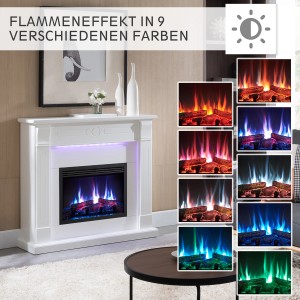 Weißer BALDERIA Elektrokamin Standkamin mit 3D-Flammeneffekt und verschiedenen Farboptionen.