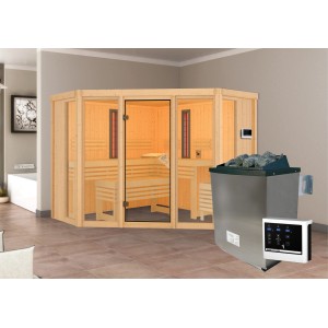 Karibu Infrarotkabine Anik mit Ofen und 2 Infrarotstrahlern, Naturholz mit Glastür.