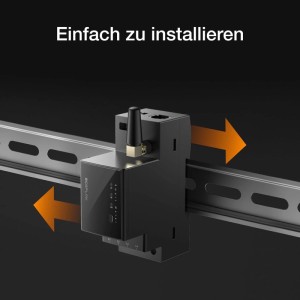 EcoFlow Smarter Stromzähler, schwarz, auf Hutschiene montiert. Orange Pfeile zeigen einfache Installation für Haushaltsstrommessung.