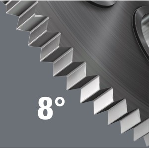 Detailaufnahme der Feinverzahnung (8°) des Wera Ratschen-Schraubendrehers.