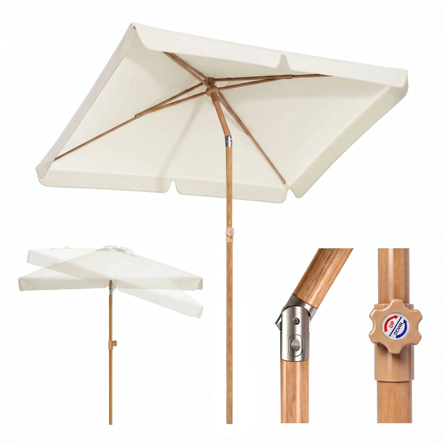 Sekey Rechteckiger Sonnenschirm 200 x 125 cm in Holzoptik mit UV50+ für Balkon und Terrasse