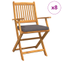 Set aus 8 Garten-Klappstühlen aus Akazienholz mit grauen Kissen.