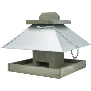 Moosgraues Vogelhaus aus Kiefernholz mit silbernem Metalldach und Kette zum Aufhängen. Praktischer Vogelfutterspender.