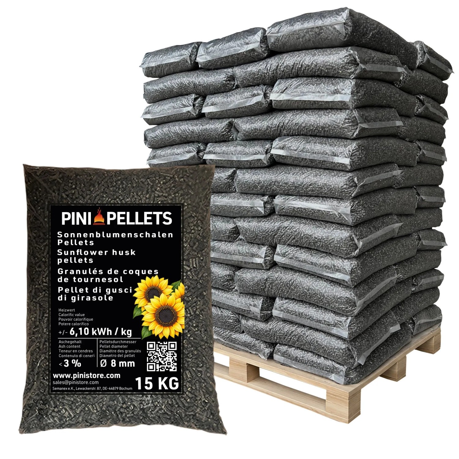 PINI Sonnenblumenschalen Pellets 8 mm Heizpellets 975 kg Palette