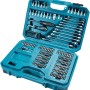 Geöffneter, türkisfarbener Werkzeugkoffer von Makita, 221-teilig, mit Schraubenschlüsseln, Bits und Schraubendrehern.