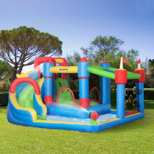 Bunte Outsunny Hüpfburg mit Wasserrutsche, Pool und Kletterwand für Spiel & Spaß im Garten.