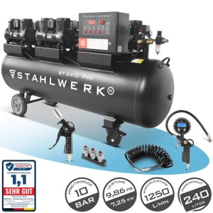 STAHLWERK Kompressor Set: 240L, 10 Bar, mit Reifenfüller, Schlauch, Pistole und Verteiler.