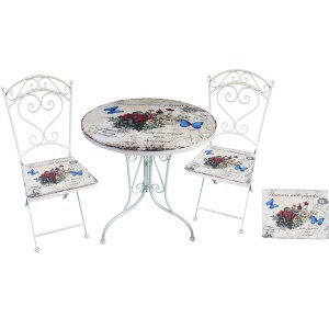 Weißes 3-teiliges Bistro-Set Floral von Garden Pleasure mit Tisch und zwei Stühlen.