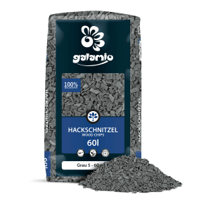 Palette Galamio Holzhackschnitzel Grau, 39 Säcke à 60l, Dekormulch für Gartenwege und Beetabdeckung.