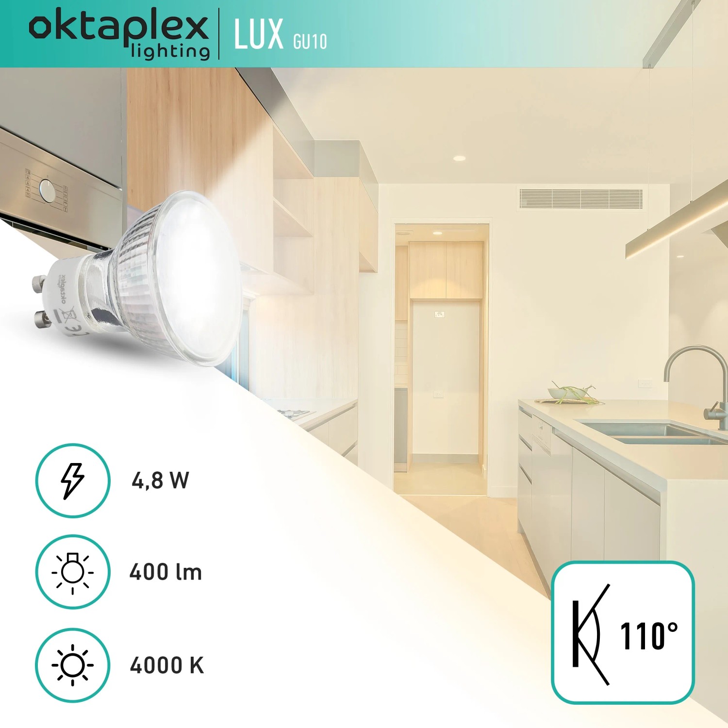 Oktaplex Lux GU10 LED Leuchtmittel 6er Set, 4000K Neutralweiß, für Deckenleuchten.