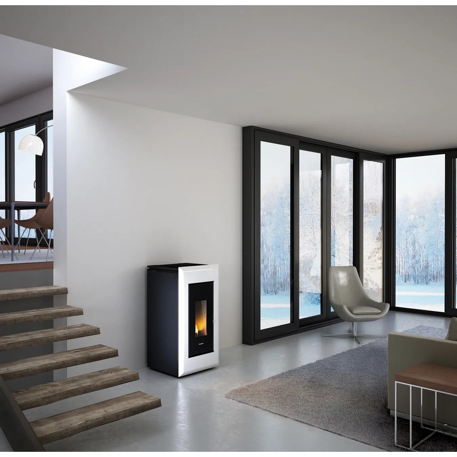 Freepoint Pelletofen Vega, Stahl weiß, 10,5 kW, mit Automatik in modernem Wohnraum.