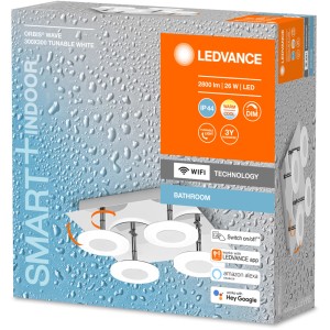 Verpackung der Ledvance Smart+ WiFi Wandleuchte Orbis Wall Wave IP44, dimmbare Bad-Wandleuchte.