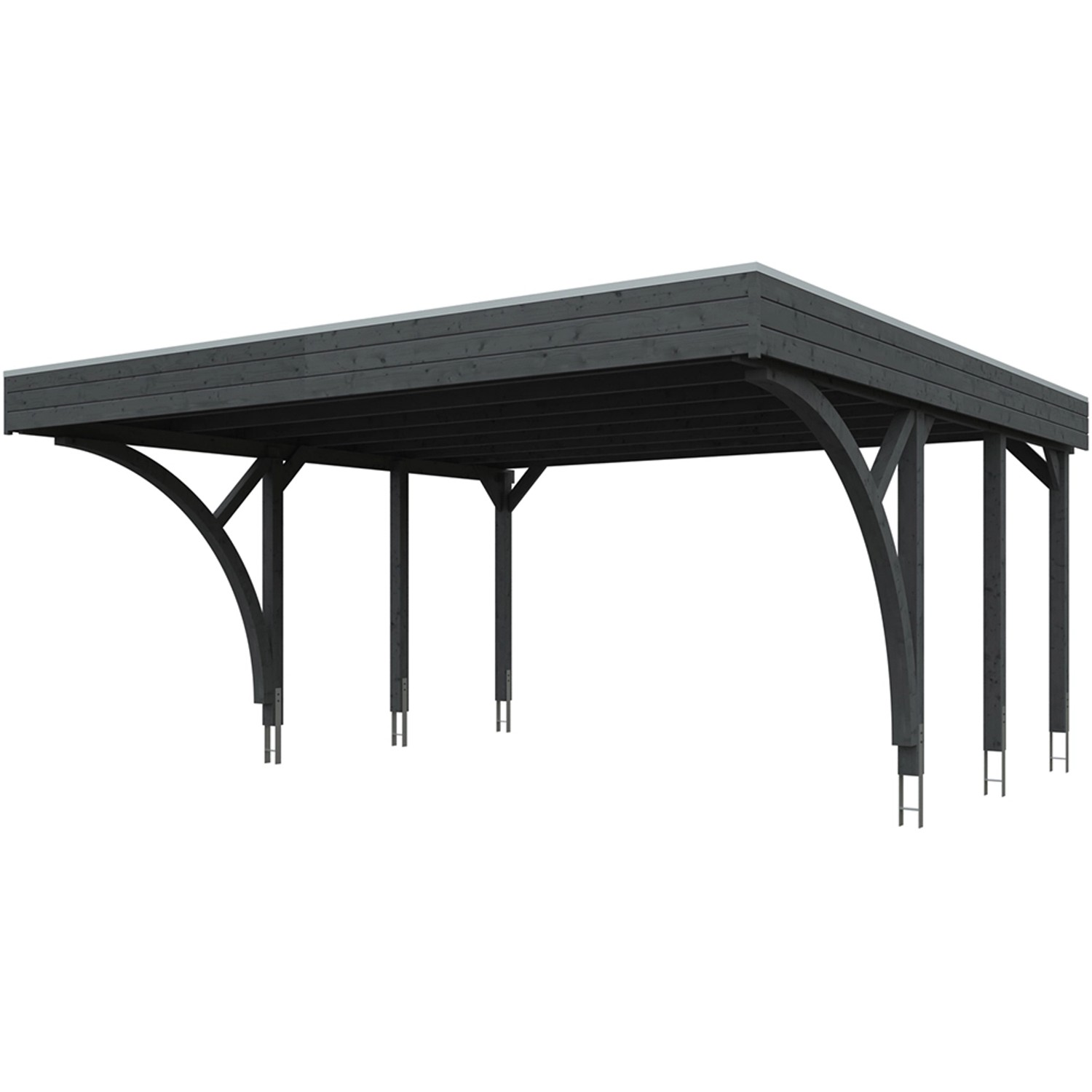 Friesland Carport Set 8, schiefergrau, 557x555 cm. Doppelcarport mit Aluminiumdach und Holzkonstruktion.