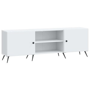 Weißer vidaXL TV-Schrank (150 cm) aus Holzwerkstoff mit Fächern und schwarzen Füßen.