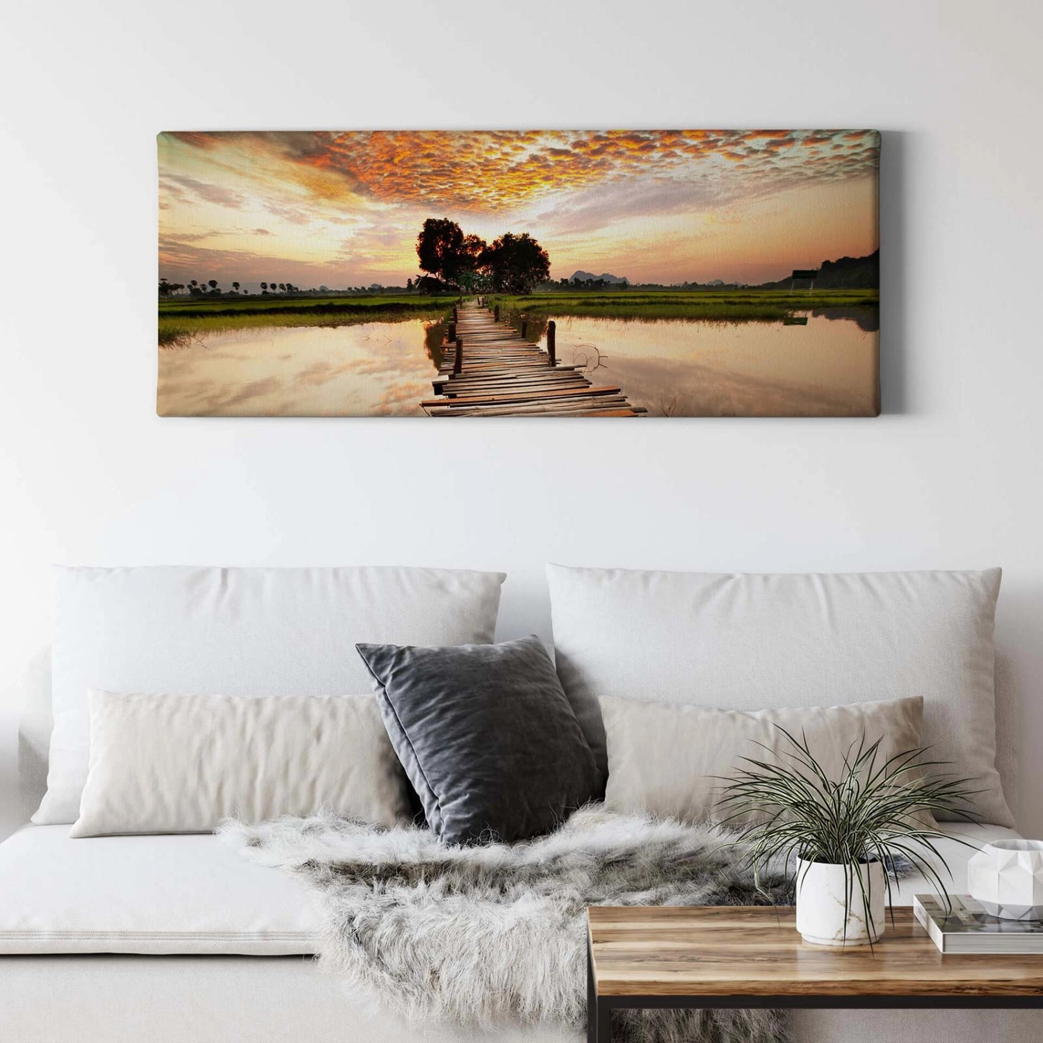 Bricoflor Bild Auf Leinwand Mit Steg Motiv Landschaftsbild Mit See Und Feld günstig online kaufen