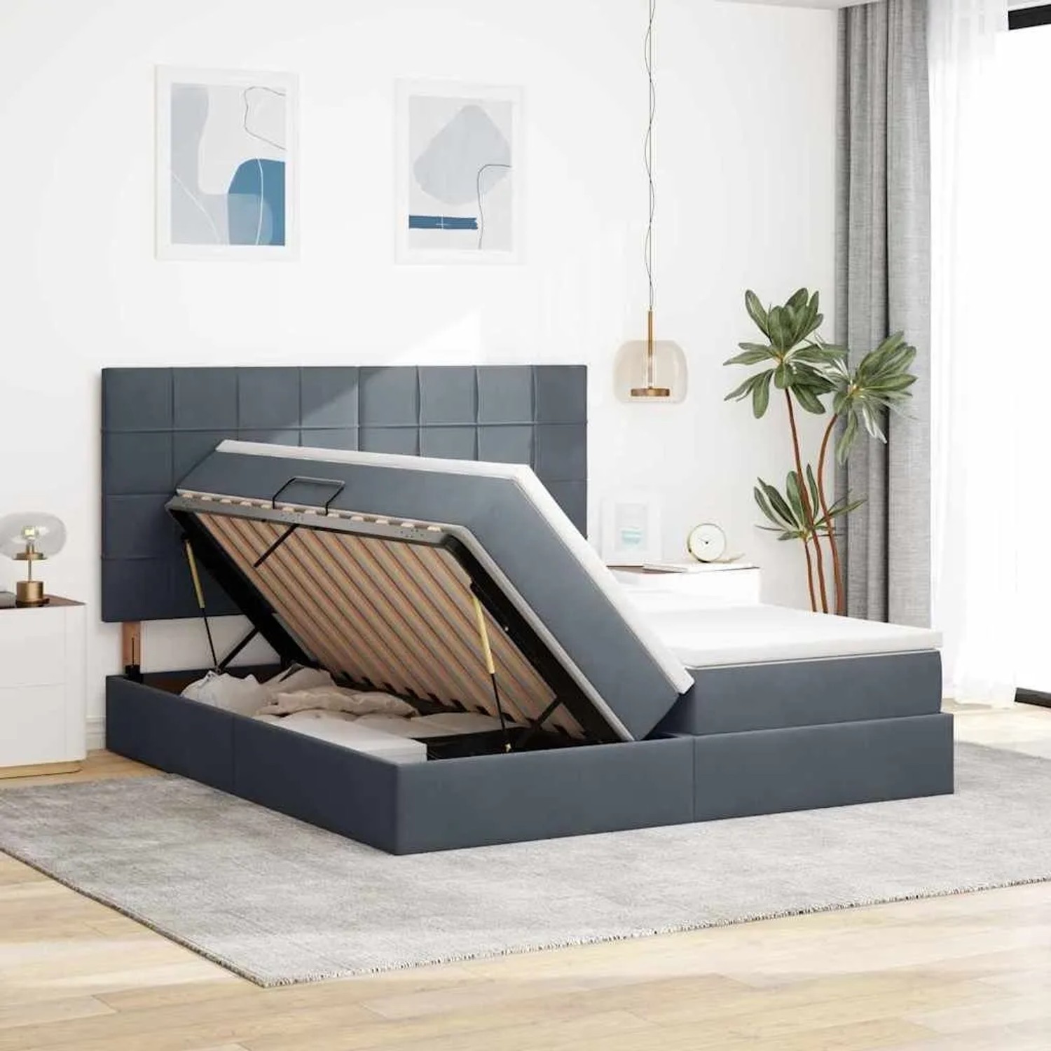 Dunkelgraues Samtbett mit LED-Leisten und Stauraum, geöffnet.