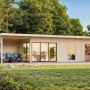 Modernes, dunkelgraues Palmako Holz-Gartenhaus mit Pultdach und überdachter Terrasse.