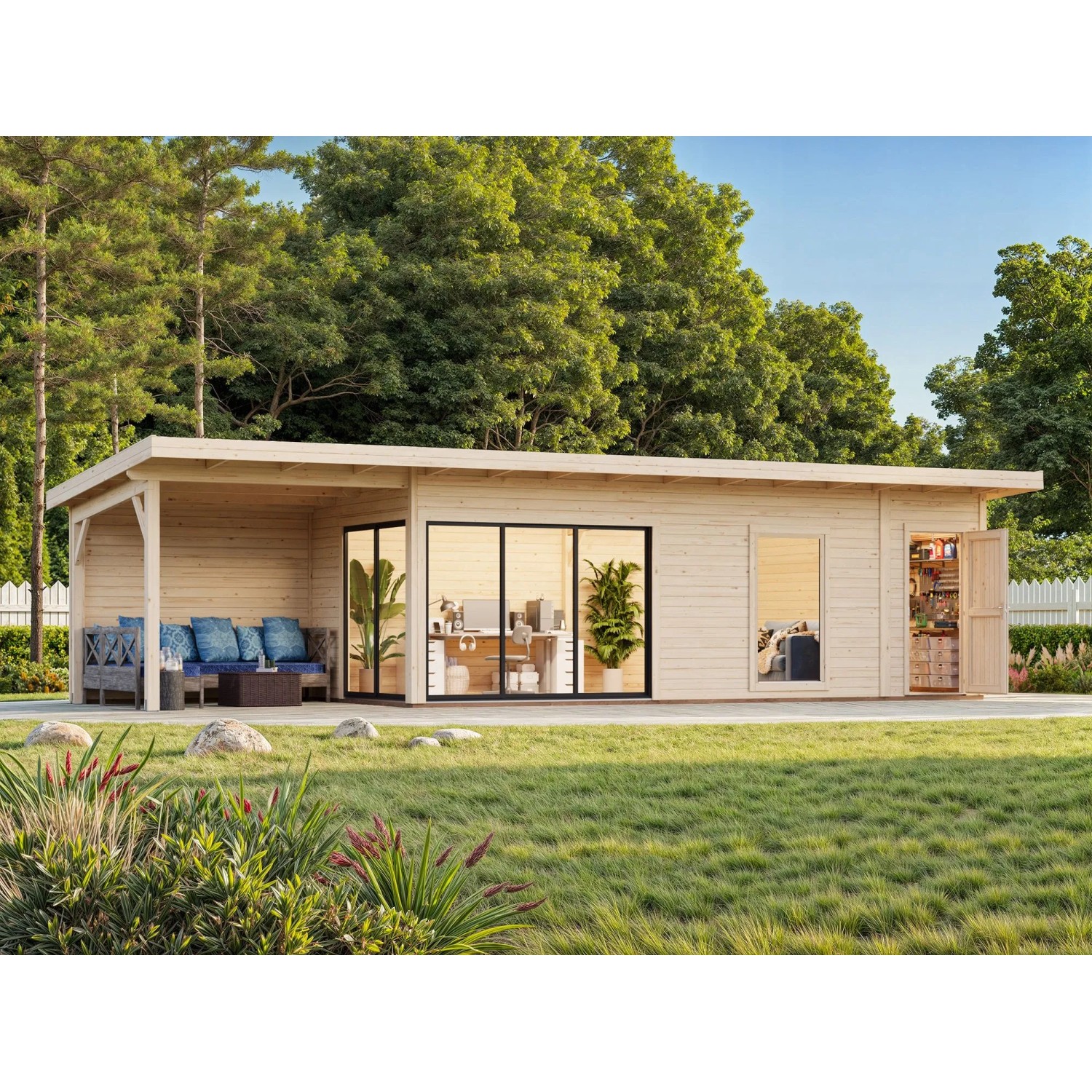Modernes, dunkelgraues Palmako Holz-Gartenhaus mit Pultdach und überdachter Terrasse.