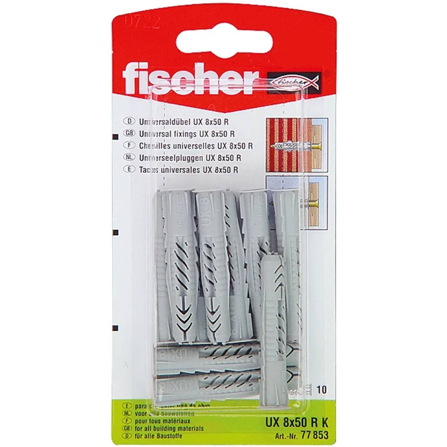 Fischer Universaldübel UX 8x50 RK (10 Stk.) im Blister, geeignet für verschiedene Baustoffe.