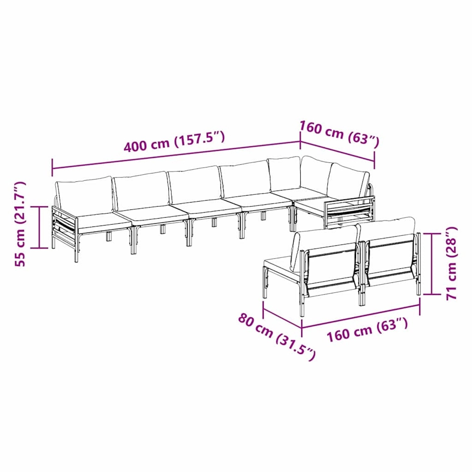vidaXL Garten-Sofa-Set, 8-teilig, anthrazitfarben, Stahl, Abmessungen dargestellt.