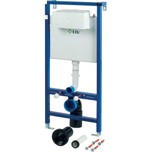 Verosan Trockenbau Vorwandelement Vario für Wand-WC, blaues Tragegestell mit Spülkasten.